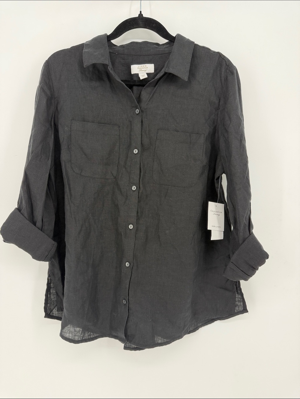Charter Club Luxury Linen Roll Tab Shirt Women’s Large Black NWT